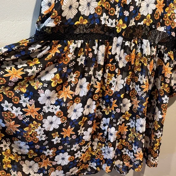 Sandro Paris Reyes Floral Button-Front Sheer Smock Dress in Black & Mustard - Picture 7 of 16